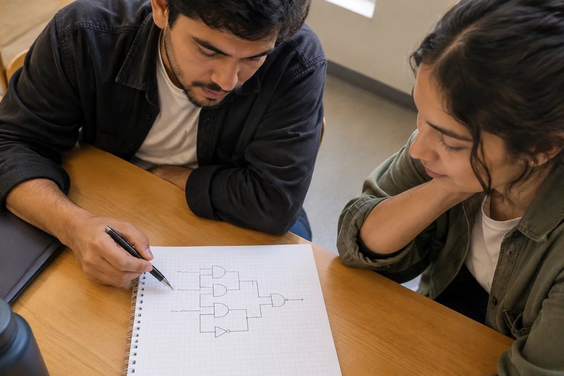 Dupla relendo anotações num tablet apoiado sobre a mesa de madeira