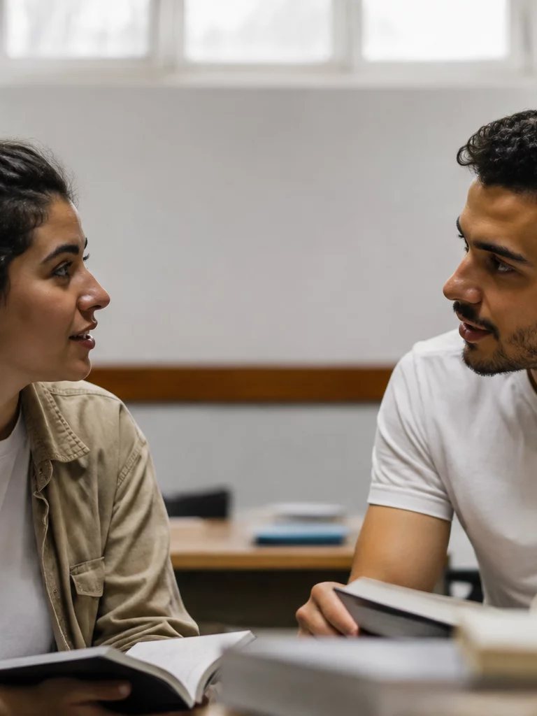 Duas participantes conversando de pé no corredor entre prateleiras de livros